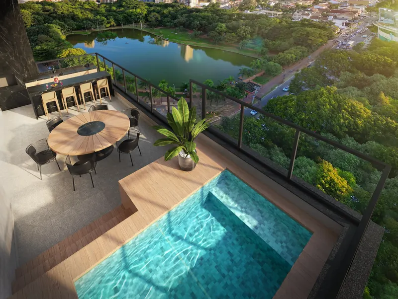 Perspectiva da varanda com piscina privativa do Bauhaus, de frente para o Parque Vaca Brava